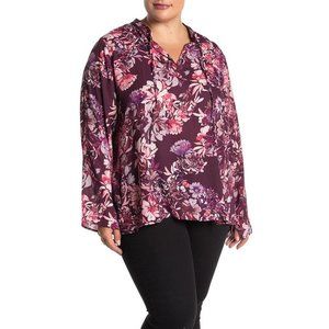 NWT Bobeau Nordstrom Womens Plus Size 1X Floral Tie Neck Blouse Top NEW